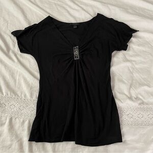 Express MEDIUM Short Sleeve Black Beaded Embellished Top‎ y2k flutter sleeves